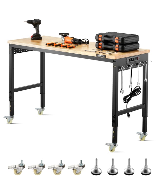 Vevor Werkbank 1524x559x711-1030mm, 907 Kg Tragkraft, Werktisch Mit Steckdose, Rädern Und Stecktafel, Robuster Arbeitstisch Mit Eichenholzplatte Für Garage, Werkstatt, Büro Und Zuhause