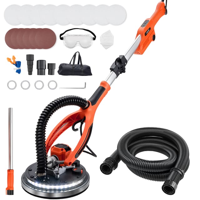 Vevor Trockenbauschleifer 950 W, Deckenschleifer Mit 255 Mm Schleifteller, Langhalsschleifer Mit 1000–2300 U/min Drehzahl, Doppelwandiger Led, Ausziehbarem Griff, 15 Schleifscheiben, Staubschlauch