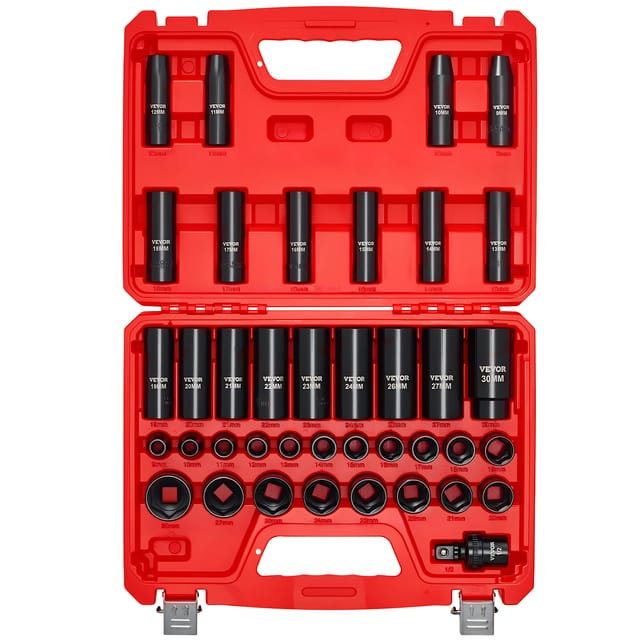 Vevor 1/2 Zoll-antrieb Schlagschrauber-steckschlüsselsatz, 39-tlg. Muttern Entferner Set Metrisch 9-30 Mm, Hochbelastbarer Chrom-vanadium-stahl, Mit Kardangelenk & Doppelter Größenmarkierung