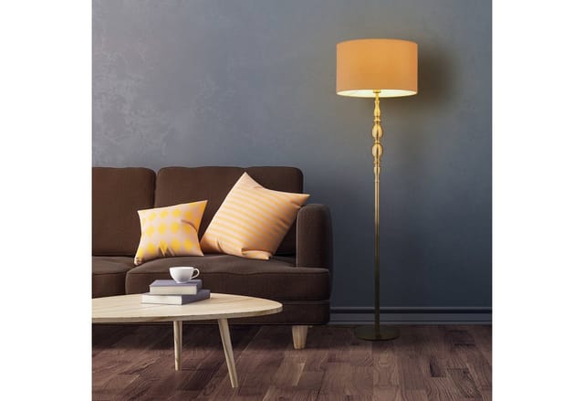 Stehlampe Wohnzimmer, E27, mit Kabel, Stoff Lampenschirm ø 43 cm, Vintage Stehleuchte 156 cm hoch, beige-gold - Relaxdays