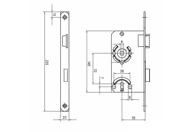 So-tech - bks Türschloss BB-Schloss Klasse 1 Dornmaß 55 mm Stulp 20 mm din Rechts Entfernung 72 mm Zimmertürschloss Einsteckschloss von sotech für