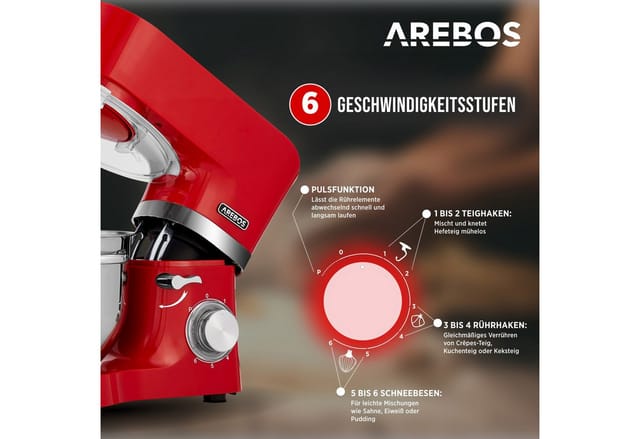 Arebos - Küchenmaschine 1500W Rot Knetmaschine mit Edelstahl Rührschüsseln Geräuscharm Küchenmixer mit Rührhaken Knethaken Schlagbesen und