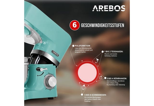 Küchenmaschine 1500W Türkis Knetmaschine mit Edelstahl Rührschüsseln Geräuscharm Küchenmixer mit Rührhaken Knethaken Schlagbesen und Spritzschutz 6