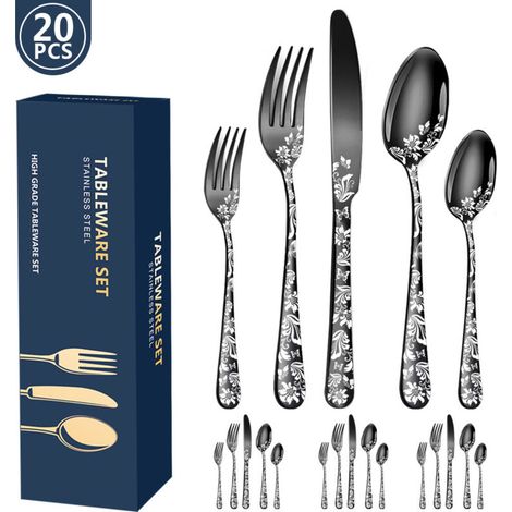 20-teiliges Edelstahl-besteckset, Größe Für 4 Personen, Schwarz