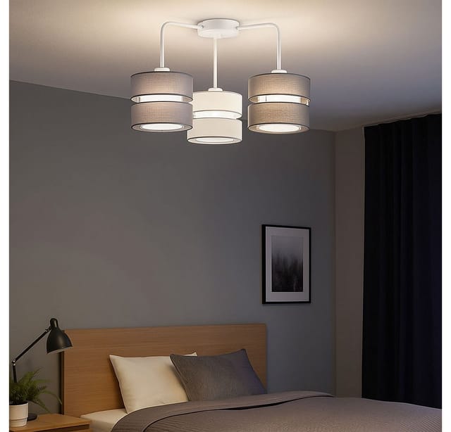 Deckenleuchte Lampe Wohnzimmerleuchte 3 flammig Textil Schlafzimmerlampe, Metall Stoff grau weiß, 3x E27 Fassungen, LxBxH 56x56x35 cm Wofi 11253