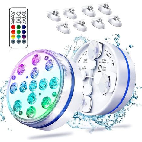 Set Mit 2 Wasserdichten Led-unterwasserleuchten Für Aufstellpools (ip68), Mit Funkfernbedienung (61 M Reichweite), 16 Rgb-farben