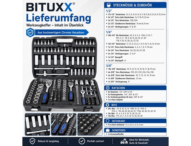 Ratschenschlüssel Werkzeugkoffer 171tlg Ratschenkasten Stecknusskasten Knarrenkasten Bit - Bituxx