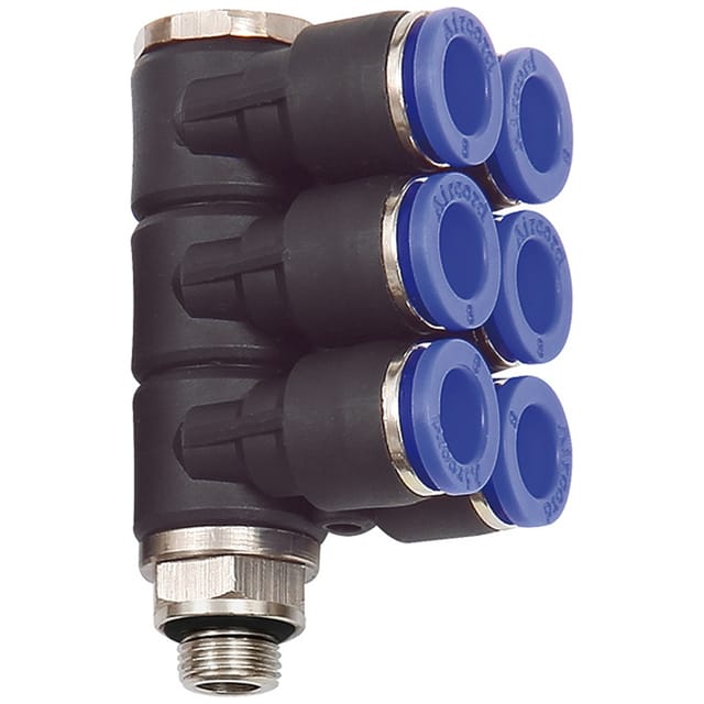 L-Mehrfachverteiler »Blaue Serie«, 6-fach, drehbar, g 1/8 a. Ø4mm - Riegler