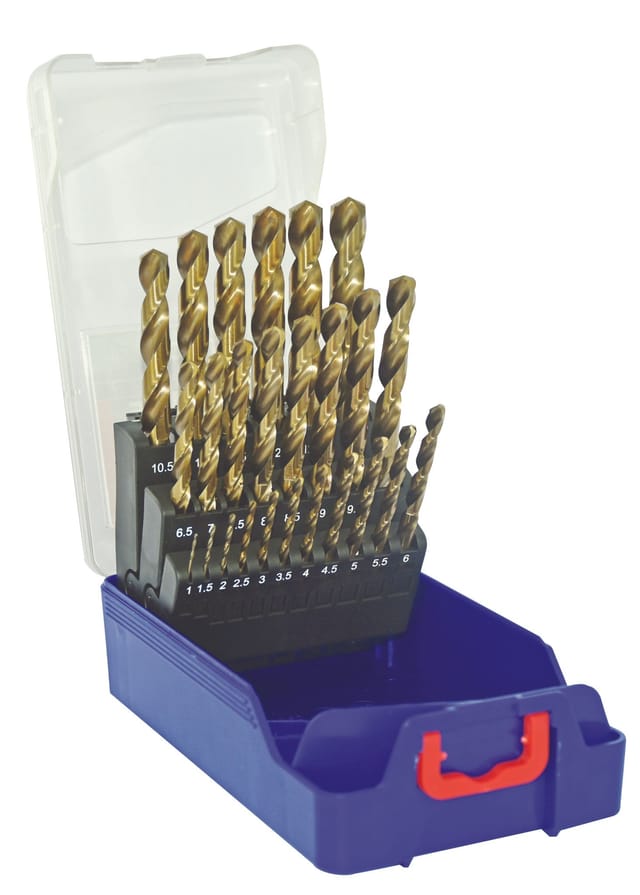 Tivoly • Box G 25 Stück HSS E5-Bohrer, kurzer zylindrischer Schliff. Kreuzungspunkt. Enthält Ø1 bis 13 mm x 1/2 mm