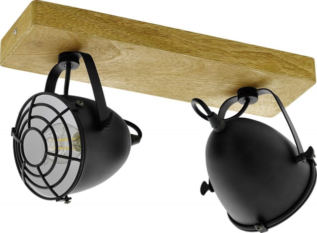 Deckenlampe Spotleuchte Wohnzimmerlampe Deckenleuchte Esszimmerlampe, Metall schwarz Gitter Holz natur, 2 Flammig E14 Spots beweglich, l 36 cm