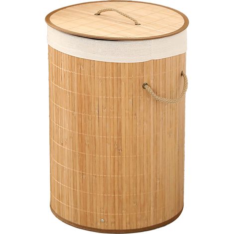 Faltbarer Wäschekorb Aus Bambusholz, Faltbarer Wäschekorb Mit Deckel, Integriertem Futter, Aufbewahrungskorb Für Schmutzwäsche (1,0 Rund, Originalfarbe).