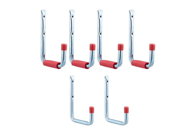 Wandhaken 6er Set, 2 Größen, bis 17,5 kg, Haken für Garage, Werkstatt, Keller, Stahl, Schaumstoff, silber-rot - Relaxdays