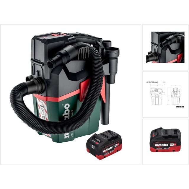 As 18 l pc Compact Akku Sauger 18 v 6 l IPX4 Staubklasse l Nass und Trocken + 1x Akku 8,0 Ah - ohne Ladegerät - Metabo