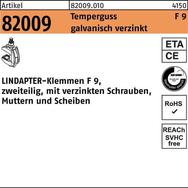 Lindapter - Klemme r 82009 gtw 40 f 9 m 12 / 26 - 60 Temperguss galvanisch verzinkt