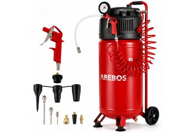 AREBOS Druckluft Kompressor Luftkompressor 50L 10 Bar stehend 13 teiliges Zubehör Rot