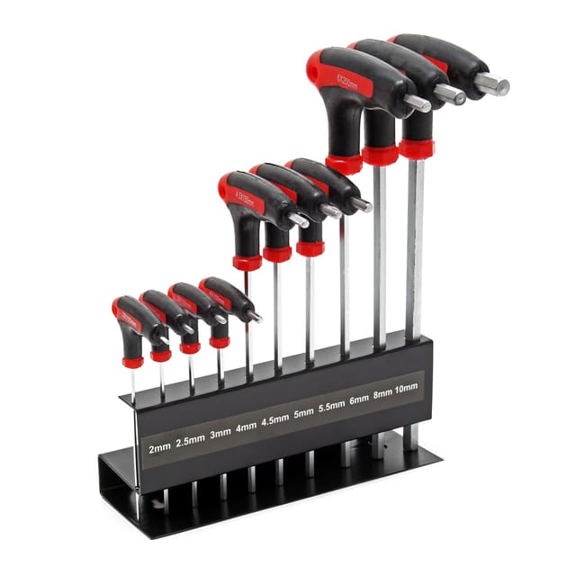Innensechskantschlüsselsatz 11tlg. 2-10mm mit 15-28cm Länge und thermoplastischen Gummigriffen in T-Form, Innensechskant Winkelschlüssel Satz - Wiltec