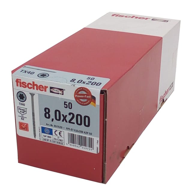 Fischer - 50x Holzschraube 8,0x200 Edelstahl A2 tx Senkkopf Teilgewinde Schraube
