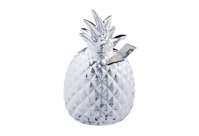 Relaxdays Spardose Ananas, Dekofigur, Sparschwein mit Schloss, 2 Schlüssel, Keramik Sparbüchse, H x D 16 x 9 cm, Silber