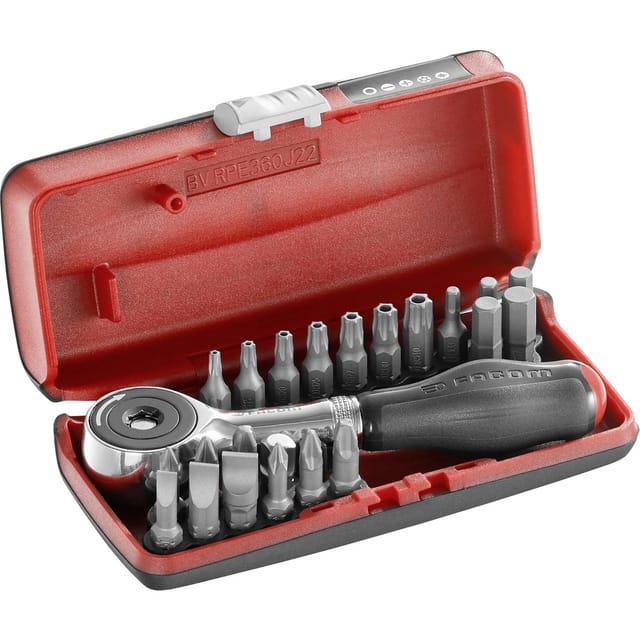 Bithalter-Koffer mit 1/4-Ratsche Facom Drehgriff + 22 Bits - R.PE360J22PB