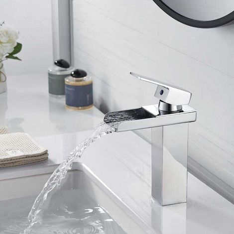 Ymyny Chrom-wasserfall-waschtischarmatur, Moderne Quadratische Messing-waschtischarmatur Mit Breitem Auslauf, Silberne Handwaschtischarmatur, Warm- Und Kaltwasser, G3/8