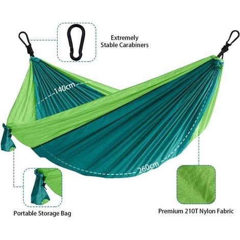 Ulisem Ultraleichte Reisehängematte – Doppel- Und Einzelhängematte – Maximale Belastung: 250 Kg (260 X 140 Cm) – Hängematte Für Outdoor, Indoor, Garten, Terrasse, Survival, Camping – Grün