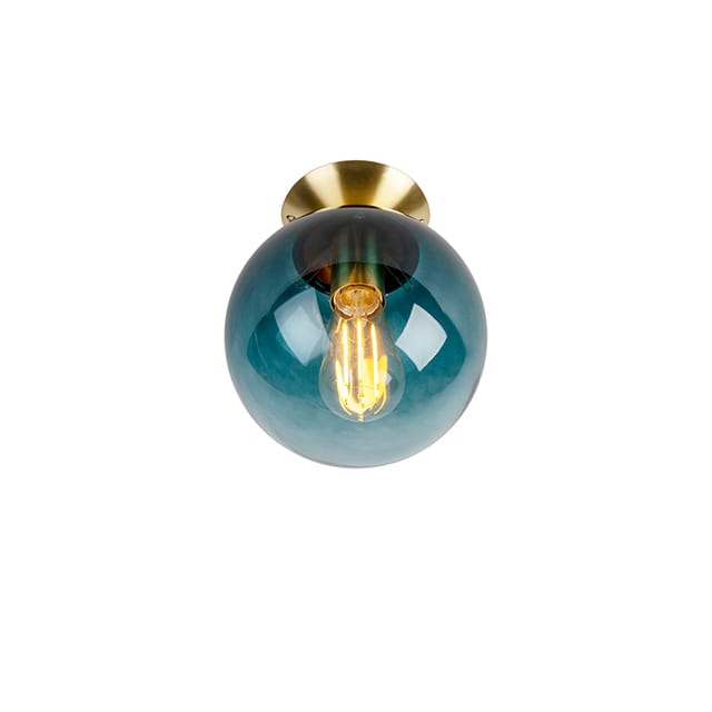 Art Deco Deckenleuchte messing mit ozeanblauem Glaslampenschirm - Pallon
