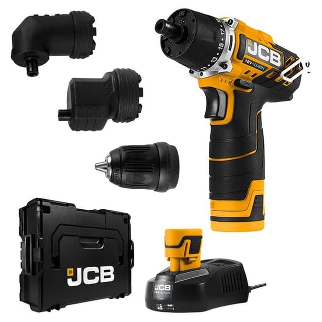 JCB - Akku Bohrschrauber 12V mit 2 Akkus 2,0 Ah, Ladegerät, 3 Aufsätze und l-boxx