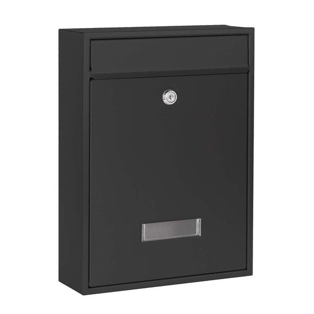 Wiltec - Briefkasten schwarz V10 Postkasten mit Namensschild, großem Briefschlitz und 2 Schlüsseln Wandbriefkasten aus pulverbeschichtetem Stahl