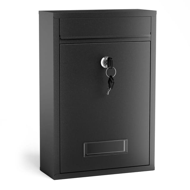 Wiltec - Briefkasten schwarz V11 Postkasten mit Namensschild, großem Briefschlitz und 2 Schlüsseln Wandbriefkasten aus pulverbeschichtetem Stahl