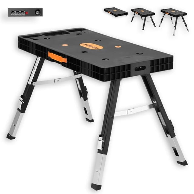 Klappbare 5in1 Universal-Werkbank fx-wb – Werkbank/Arbeitstisch bis 150kg – höhenverstellbar bis 129x59x75cm – Transportroller mit Schubfächern –