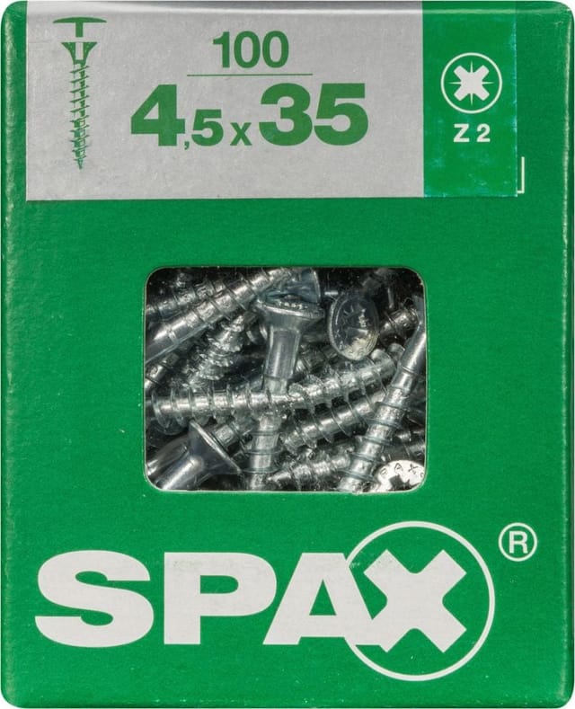 SPAX Universalschraube mit Kopfbohrung, 4,5 x 35 mm, 100 Stück, Vollgewinde, Senkkopf, Kreuzschlitz Z2, S-Spitze - 4271010450357