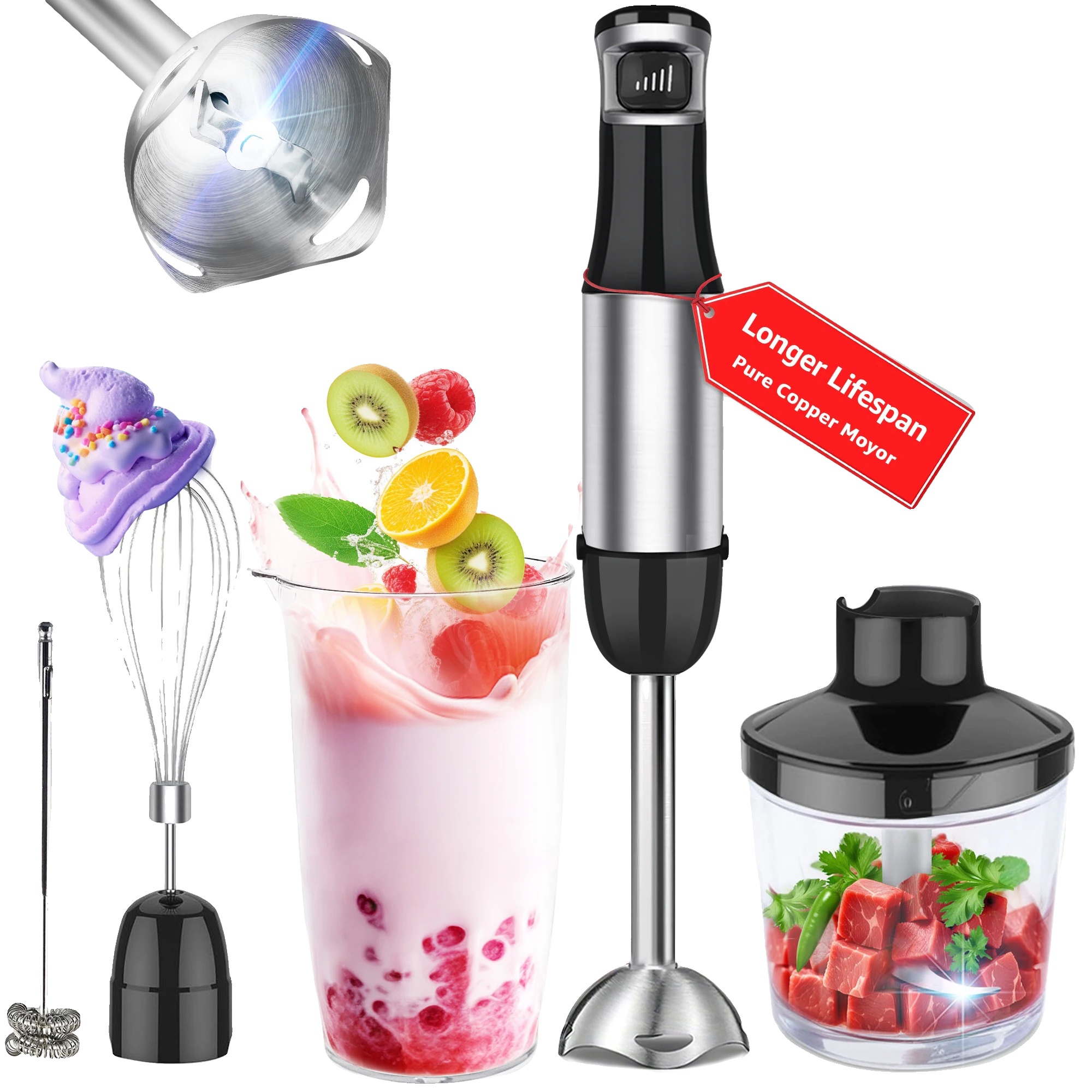 Stabmixer, 4-in-1-funktion, Starke Leistung, Grau
