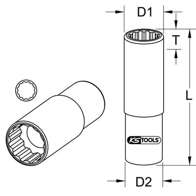 3/8' 12-kant-Stecknuss, lang, 1/2'