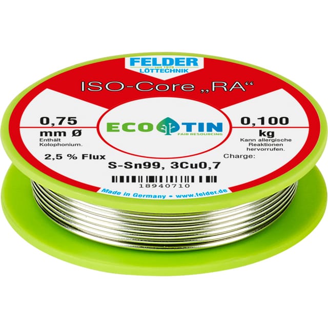 Felder Löttechnik - Felder ISO-Core 'ra' Sn99Cu1 Lötzinn, bleifrei Spule Sn99,3Cu0,7 0.100 kg 0.75 mm