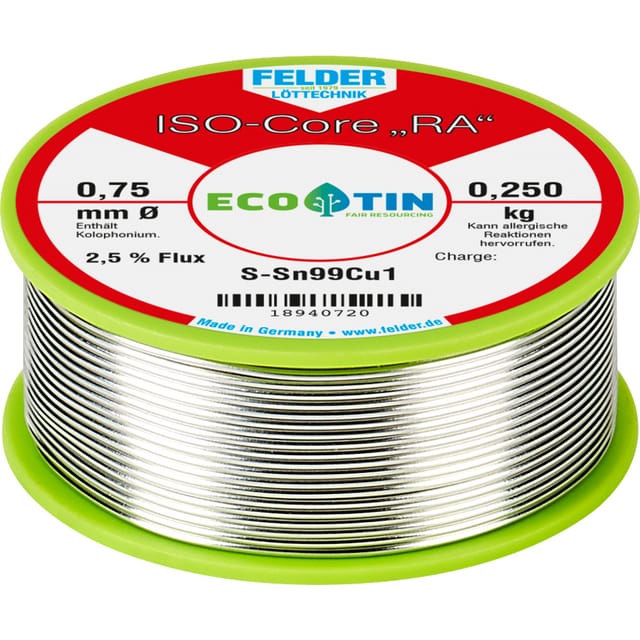 Felder Löttechnik - Felder ISO-Core 'ra' Sn99Cu1 Lötzinn, bleifrei Spule Sn99,3Cu0,7 0.250 kg 0.75 mm