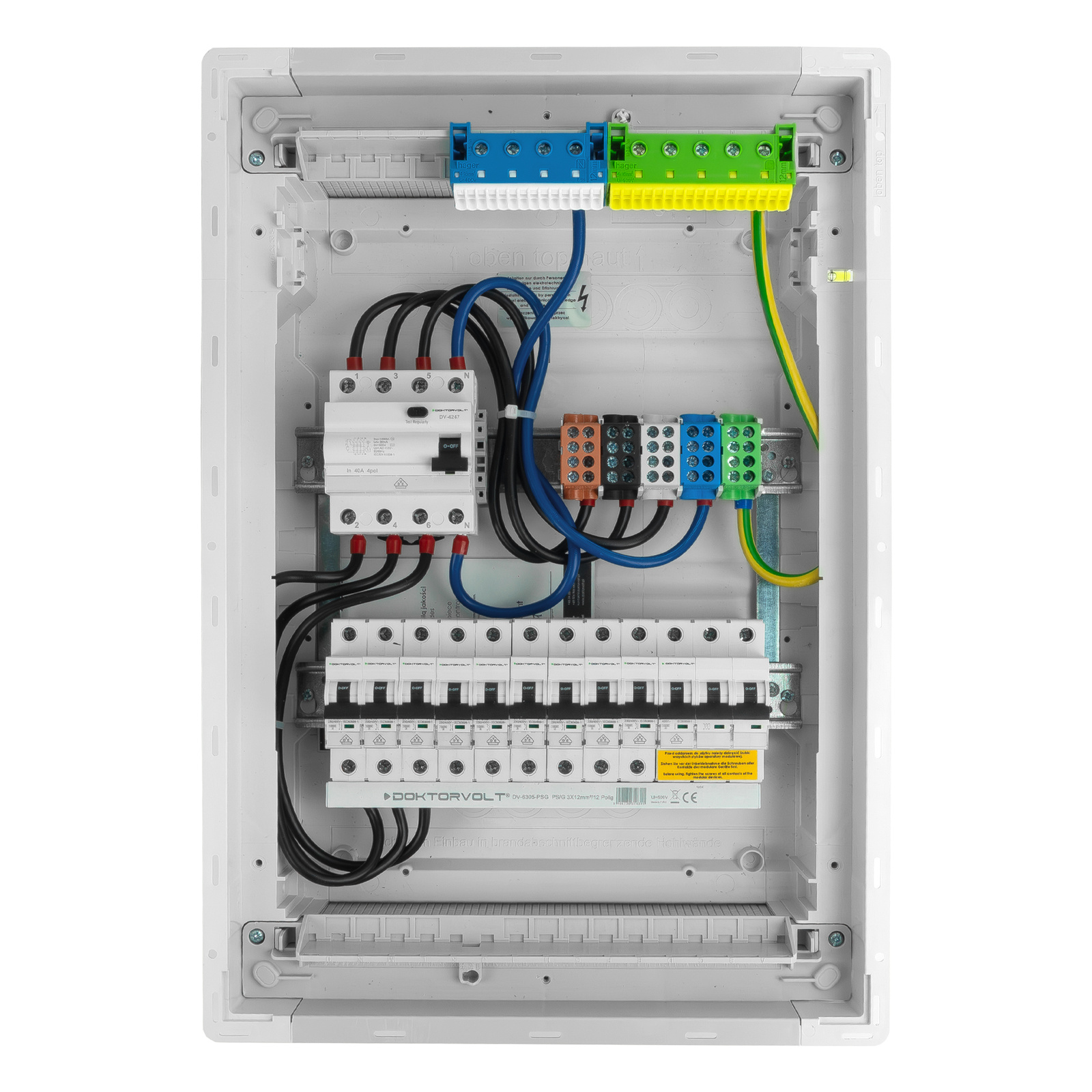 Unterputz-modulverteiler 2x12 Geschützt 10xmcb 1xrccb Vde-verdrahtete Elektrodose Hager 505, 50x348x98mm Abzweigklemmen L1, L2, L3, N, Pe Doktorvolt Dv-6227-pt