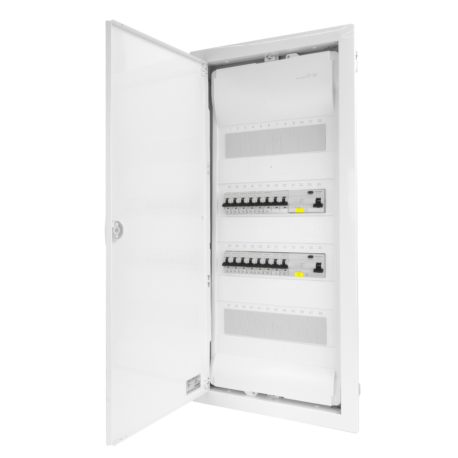 Unterputz-modulverteiler 4x12 Geschützt 14xmcb 2xrccb Vde-verdrahtete Elektrobox Hager 755,50 X 348 X 98 Mm Abzweigklemmen L1, L2, L3, N, Pe Doktorvolt Dv-6265-pt