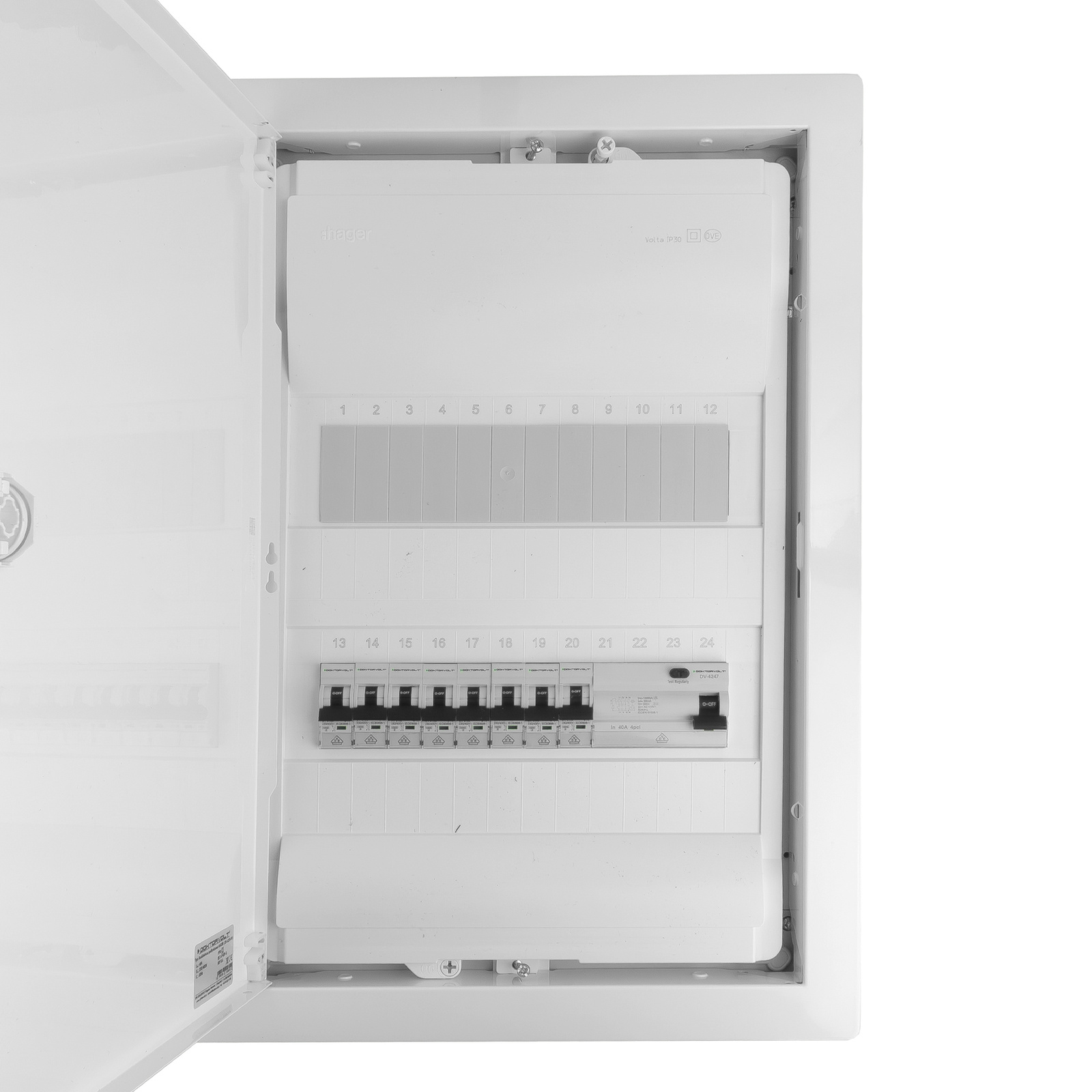 Unterputz-modulverteilerkasten 2x12 Geschützt, 8xleitungsschutzschalter (mcb), 1x Fehlerstromschutzschalter (rccb), Vde-verdrahtet, Hager 505, 50x348x98 Mm, Abzweigklemmen L1, L2, L3, N, Pe, Doktorvol
