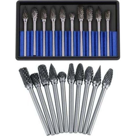 Ulisem Hartmetall-fräserset, Rotationsfeilen, Wolframstahl, 10-teilig, Schneidkopfdurchmesser Für 3-mm-fräser, 6-mm-schaft, Bohren, Schneiden, Metallbearbeitung, Polieren, Gravieren, Bohren (doppelsch