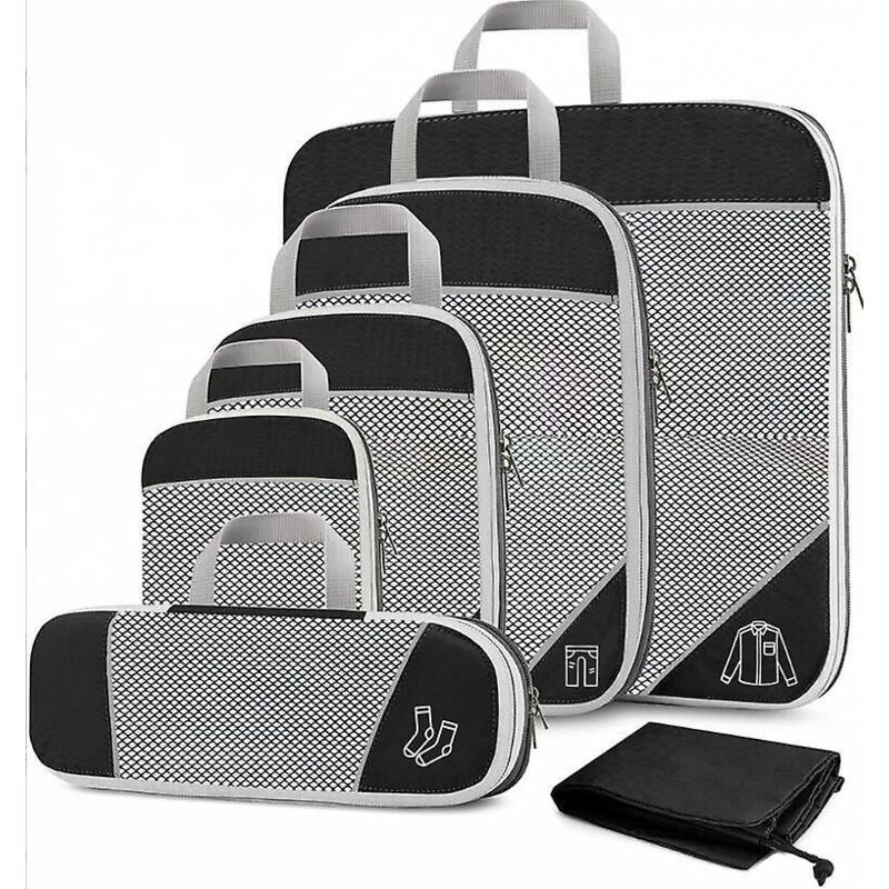 Komprimierte Packwürfel Für Reisen, 6-teiliges, Erweiterbares Gepäckaufbewahrungsset, Komprimierte Packwürfel Mit Netzdeckel Und Robustem Reißverschluss (schwarz), Aesp