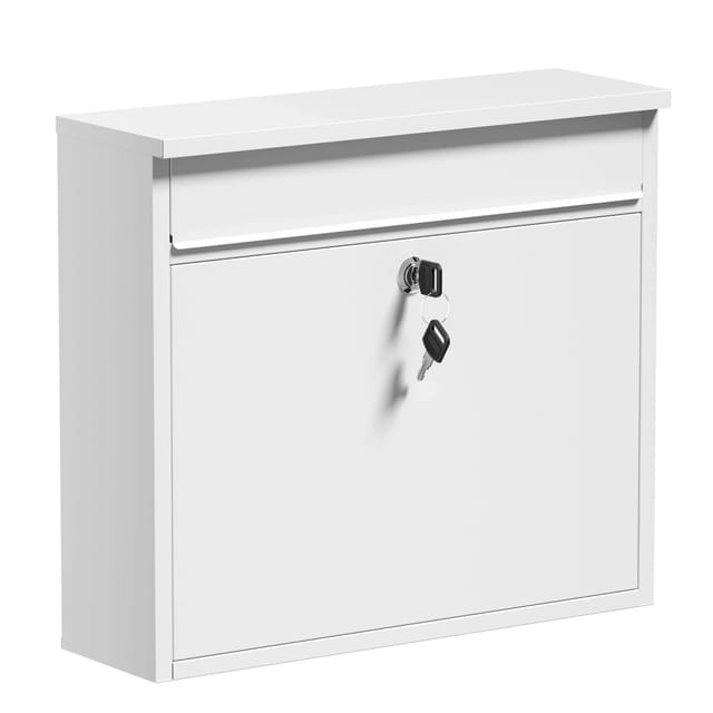 Wiltec - Briefkasten V13 weiß 360 x 105 x 315 mm, Wandbriefkasten mit Schloss und Klappe, Postkasten aus Stahl pulverbeschichtet