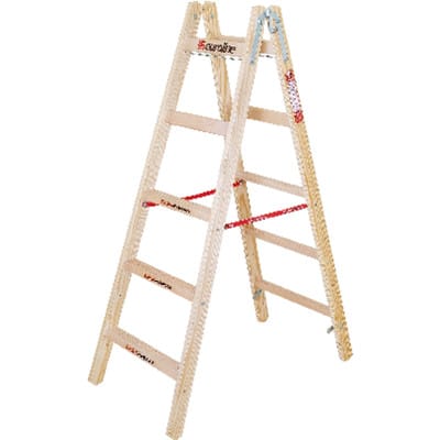 Euroline Holz Sprossenstehleiter mit Comfort-Breitsprossen, Eimerhaken und Werkzeugablagetasche 2x5 Sprossen