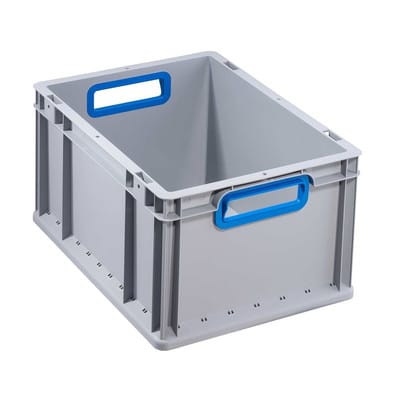 Transportstapelbehälter L400xB300xH220mm grau pp offener Griff blau Seitenwände geschlossen