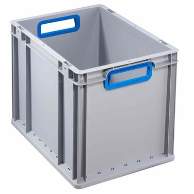 Transportstapelbehälter L400xB300xH320mm grau pp offener Griff blau Seitenwände geschlossen