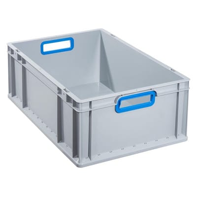 Transportstapelbehälter L600xB400xH220mm grau pp offener Griff blau Seitenwände geschlossen