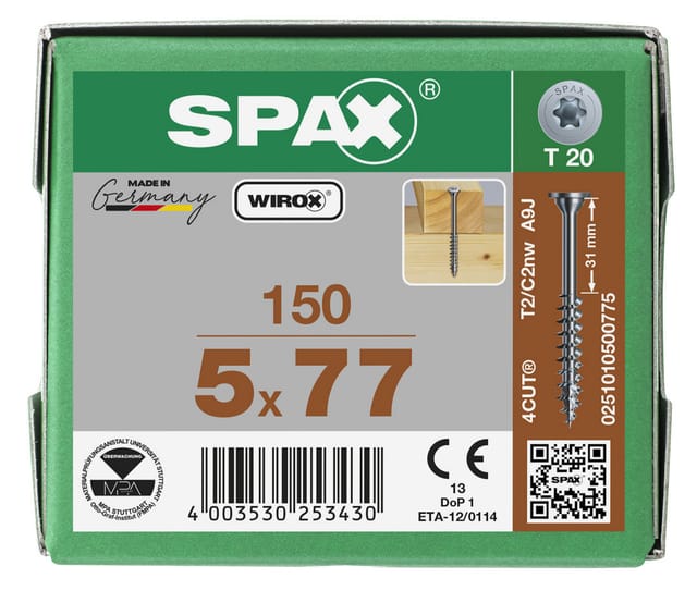 Spax - 0251010500775 Holzschraube 5 mm 77 mm t-star plus Stahl wirox 150 St.