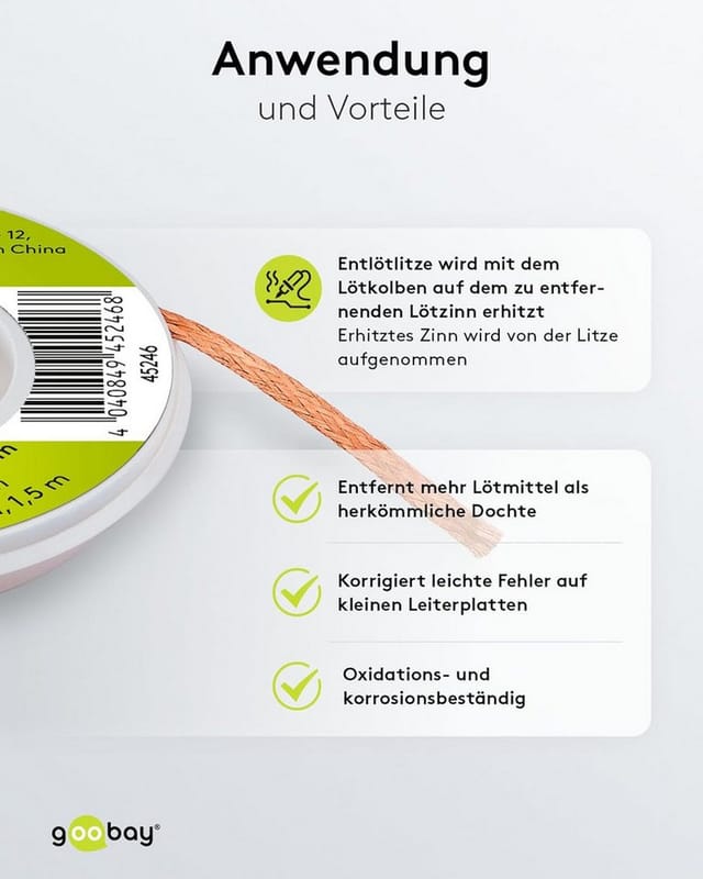 Fixpoint - Entlötlitze 2 mm zur Entfernung von Lötzinn an Lötstellen 1,5 m, reiner Kupfer, gute Wärmeleitfähigkeit.