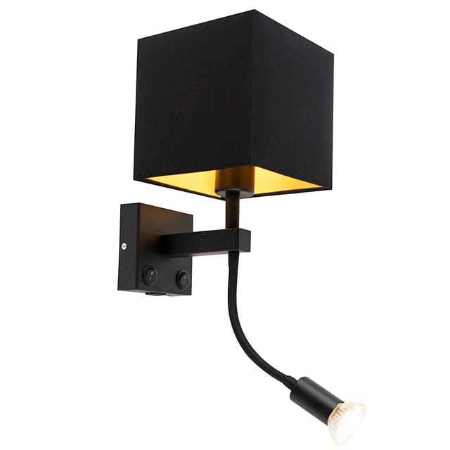 Moderne Wandleuchte schwarz mit usb und quadratischem Schwarzschirm - Zeno