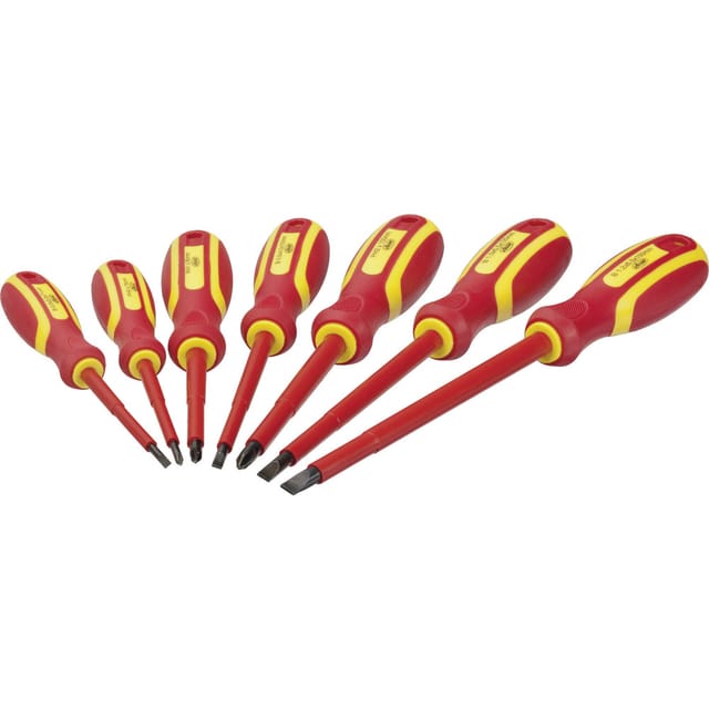 Vde Schraubendreher Satz ∙ V2027 ∙ Kreuzschlitz Profil ph, Schlitz Profil ∙ 7-teilig ∙ 0,5 x 3 – 1,2 x 6,5 · PH0 – PH2 ∙ Anzahl Werkzeuge: 7