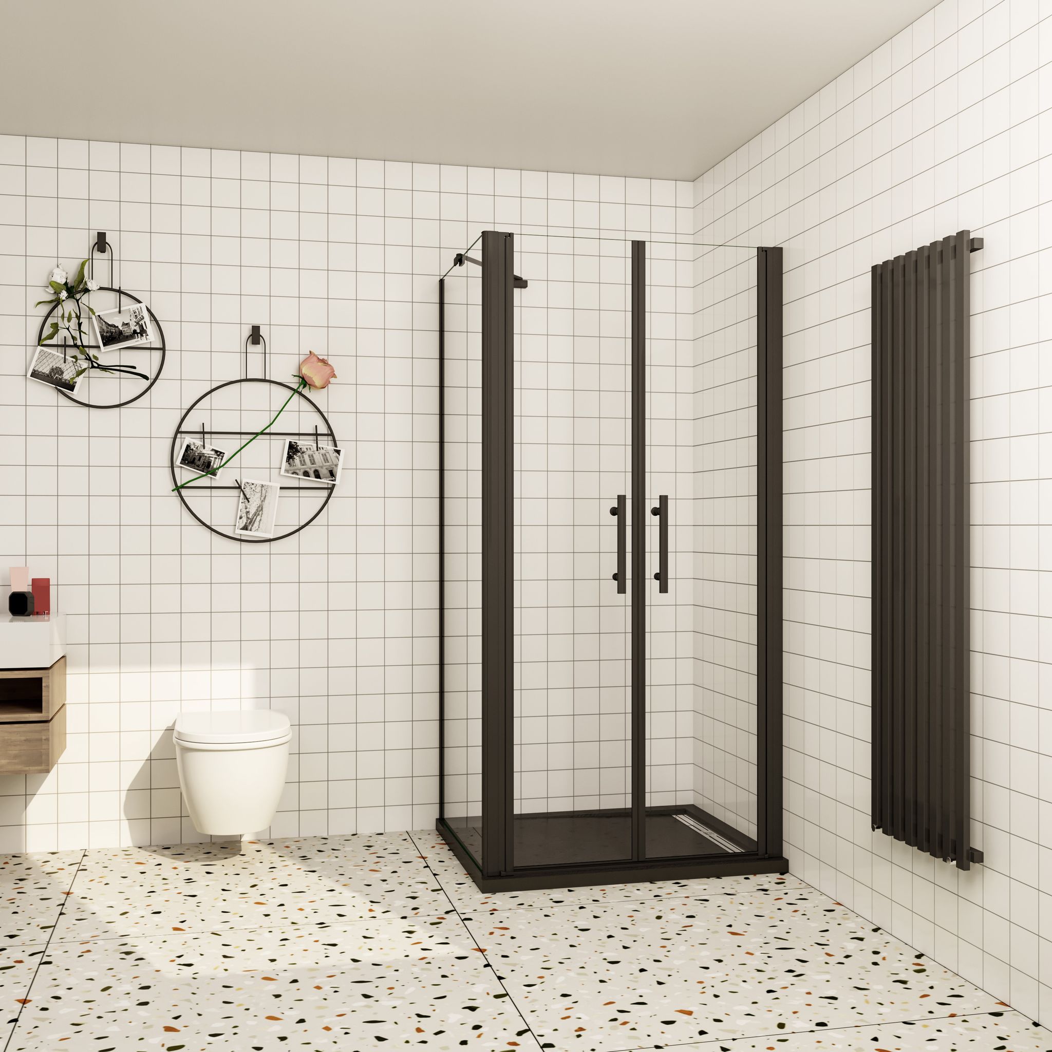 Aica 80x195cm Schwarze Duschabtrennung Duschwände Dopple Pendeltür Mit Seitenwand,6mm Nano Nano Esg Glas, 450mm Stützstab